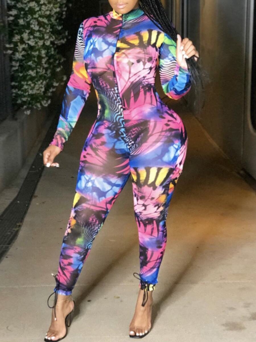 

Lovely Party Tie-dye Print Multicolor One-piece Jumpsuit, Multi