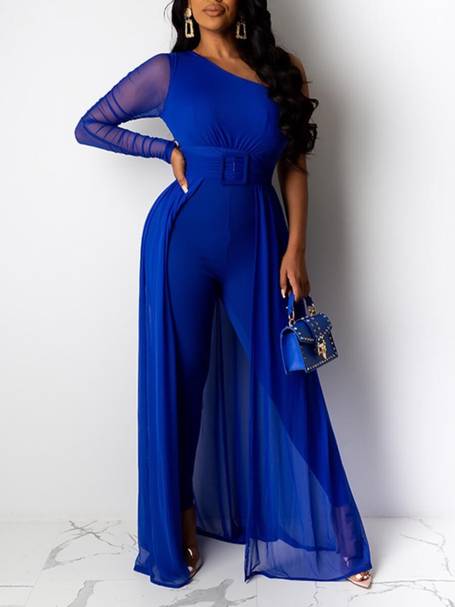 

Lovely Party One Shoulder Mesh Patchwork Blue One-piece Jumpsuit