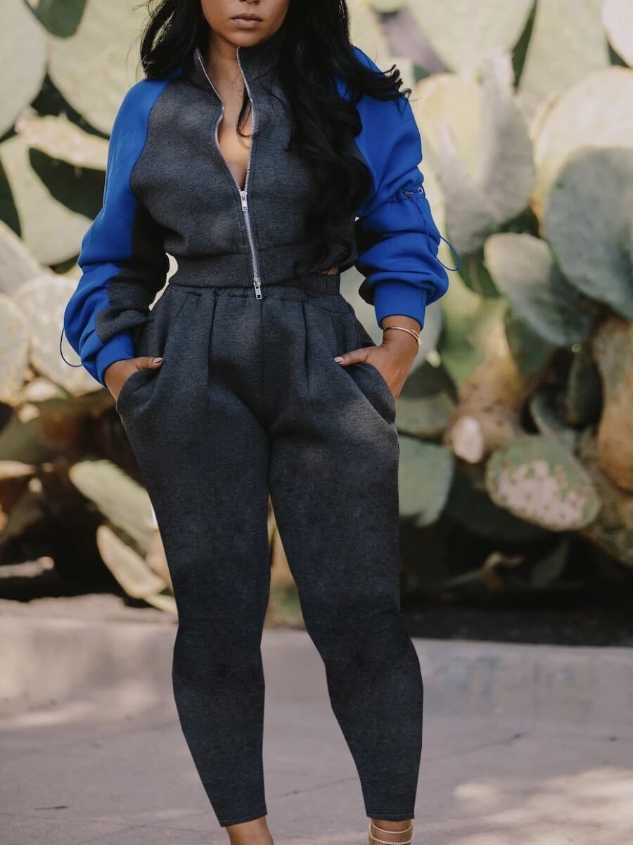 

Lovely Casual Zipper Design Patchwork Dark Grey Two Piece Pants Set
