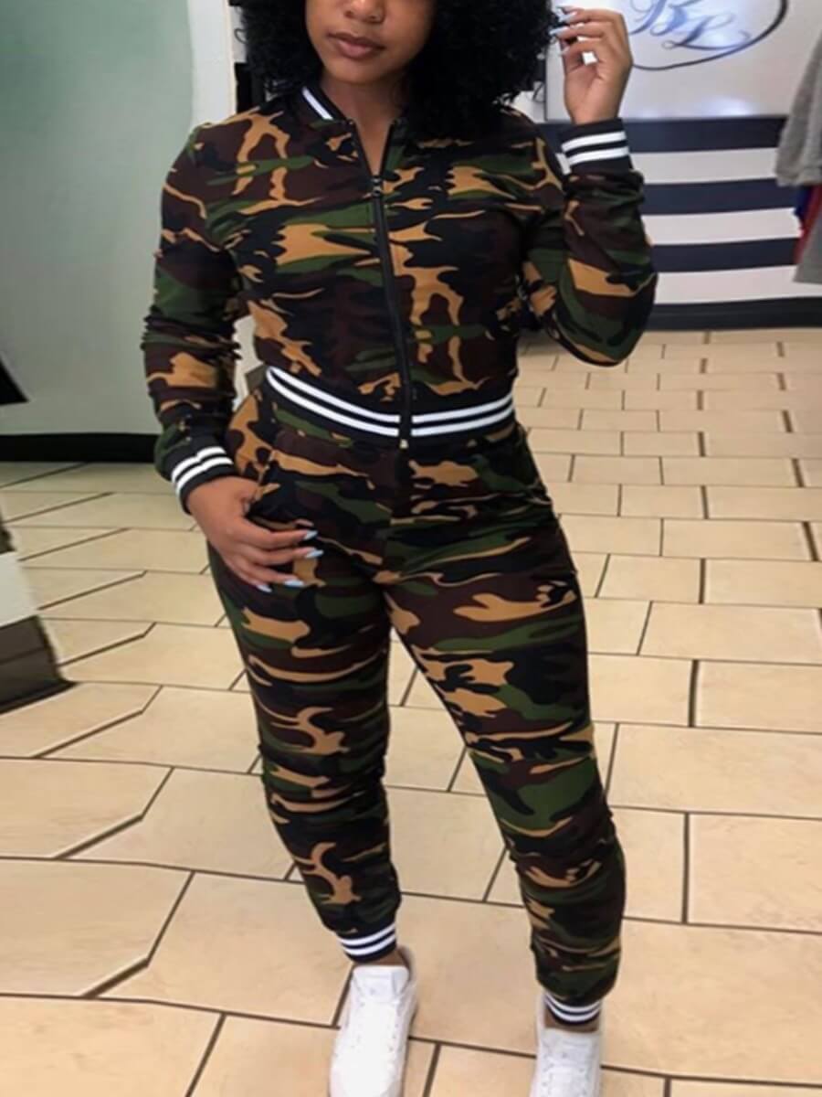 

Lovely Sportswear Camo Print Stitching Two Piece Pants Set
