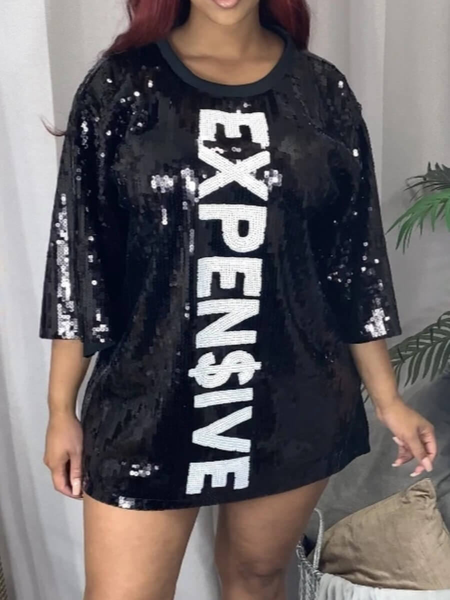 LovelyWholesale SXY Round Neck Letter Sequined Dress Summer Half Sleeve Sxy Sequin Round Neck Spring Summer 2024