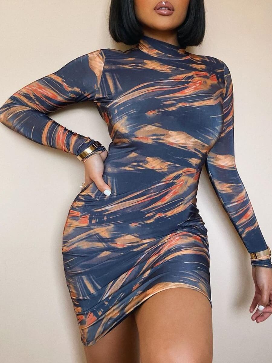 

Lovely Trendy Half A Turtleneck Tie-dye Blue Mini Dress
