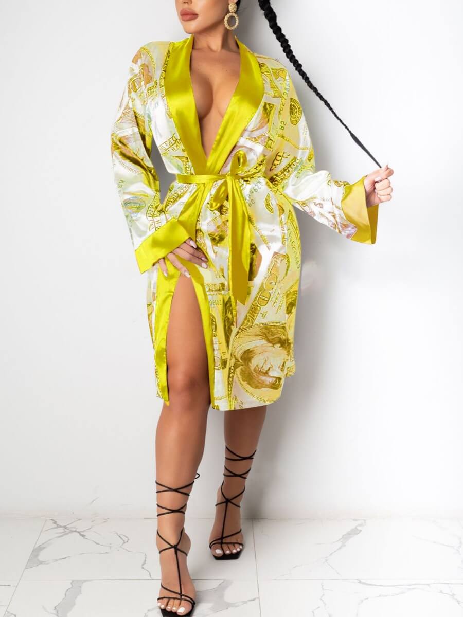

Lovely Print Lace-up Yellow Sleepwear