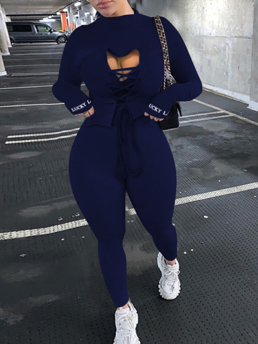 

Lovely Casual Cross Strap Hollow-out Dark Blue Two Piece Pants Set