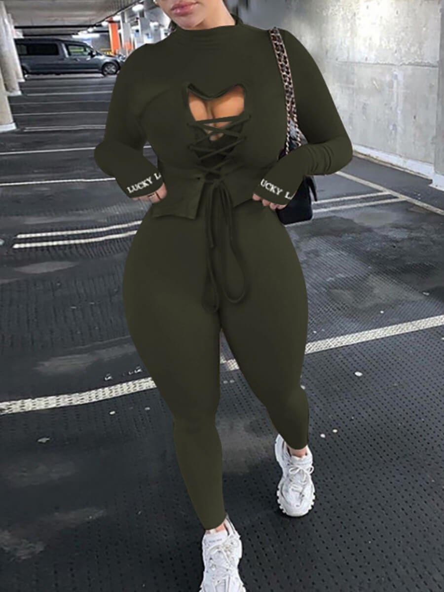 

Lovely Casual Cross Strap Hollow-out Army Green Two Piece Pants Set