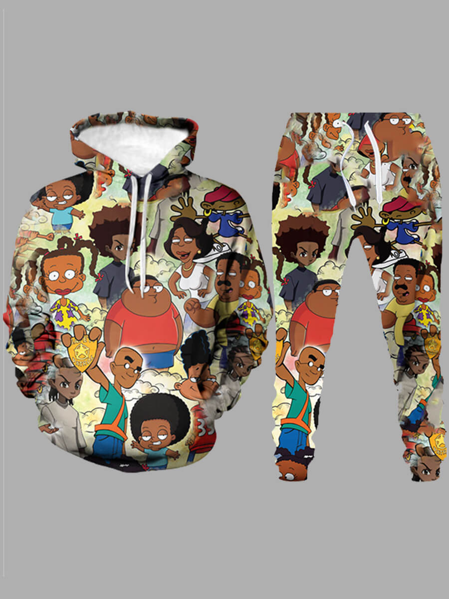 LW Men Street Hooded Collar Cartoon Print Tracksuit Set
