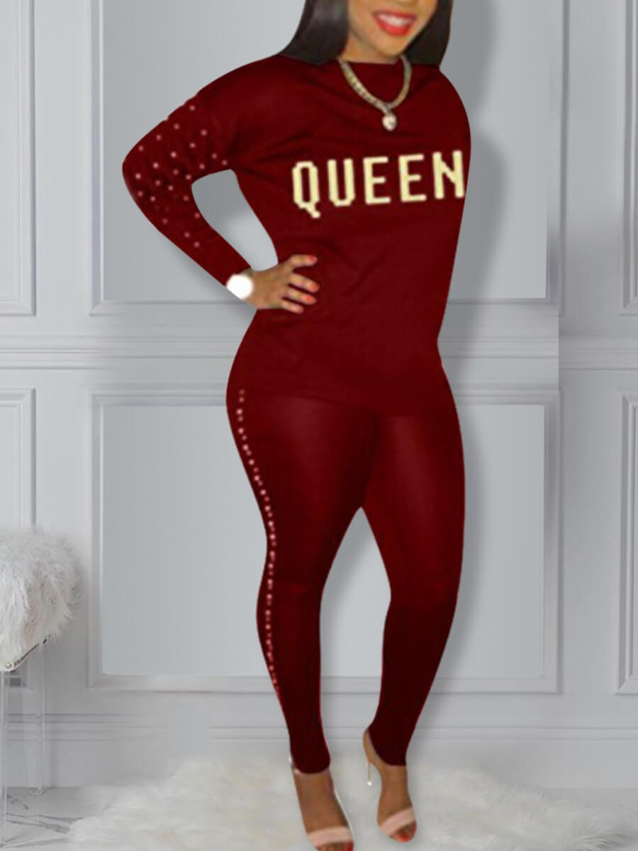 

Lovely Sportswear O Neck Letter Print Red Two Piece Pants Set