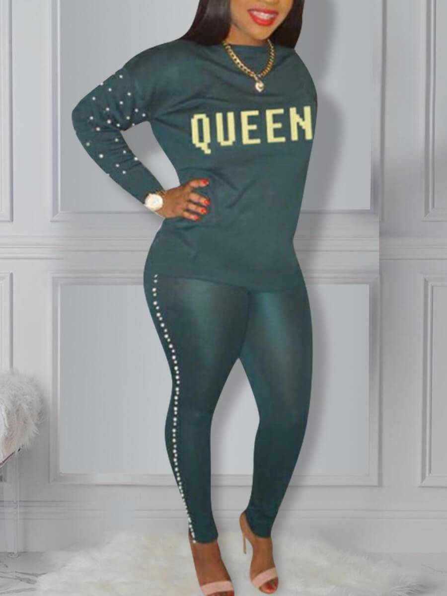 

Lovely Sportswear O Neck Letter Print Green Two Piece Pants Set