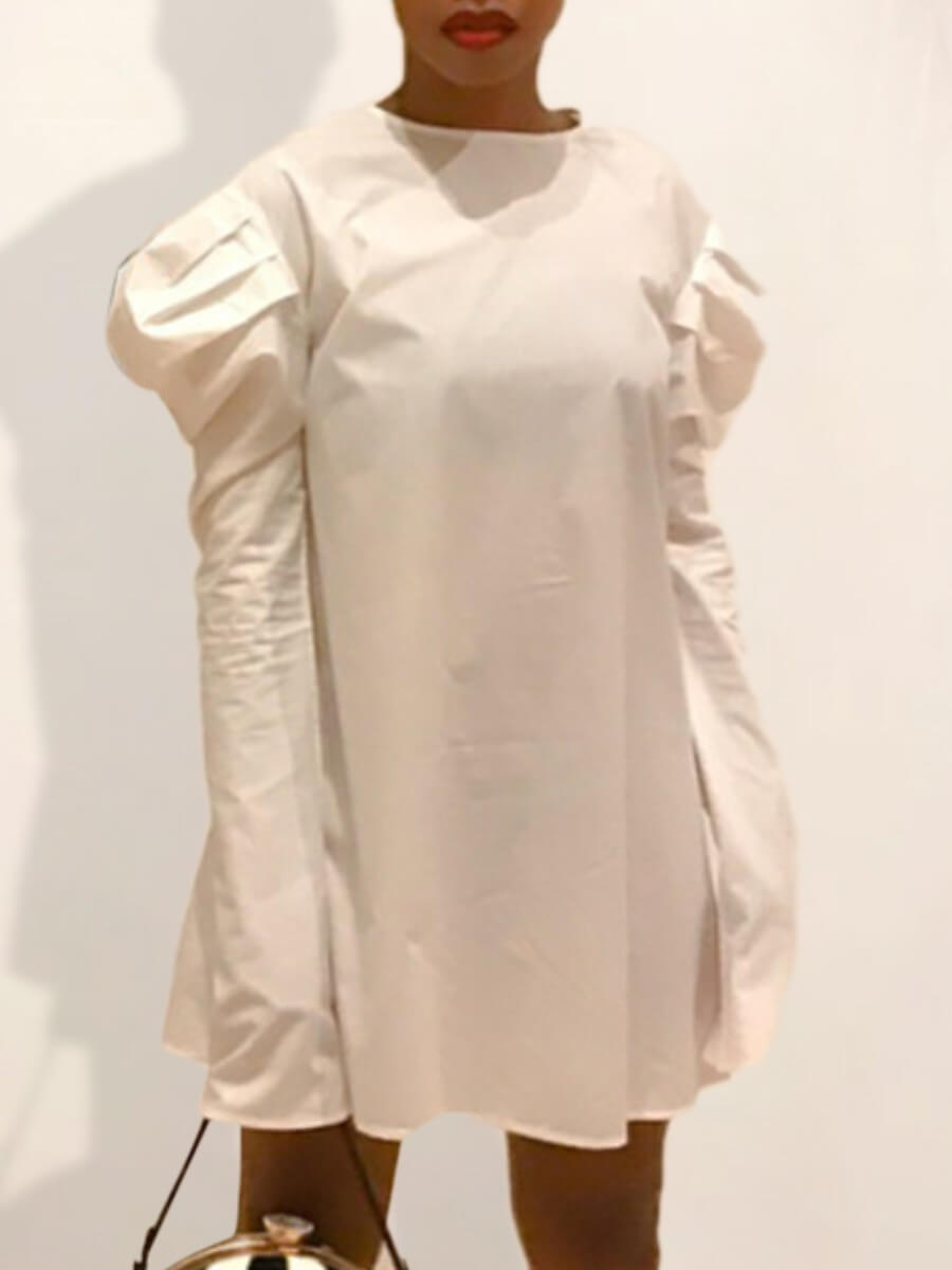 

Lovely Trendy O Neck Fold Design Loose White Min Dress