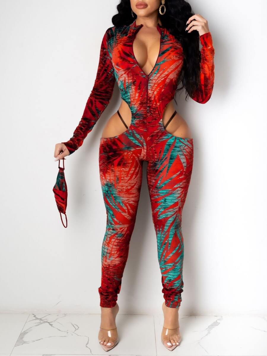

Lovely Sexy Conventional Collar Hollow-out Skinny Red One-piece Jumpsuit