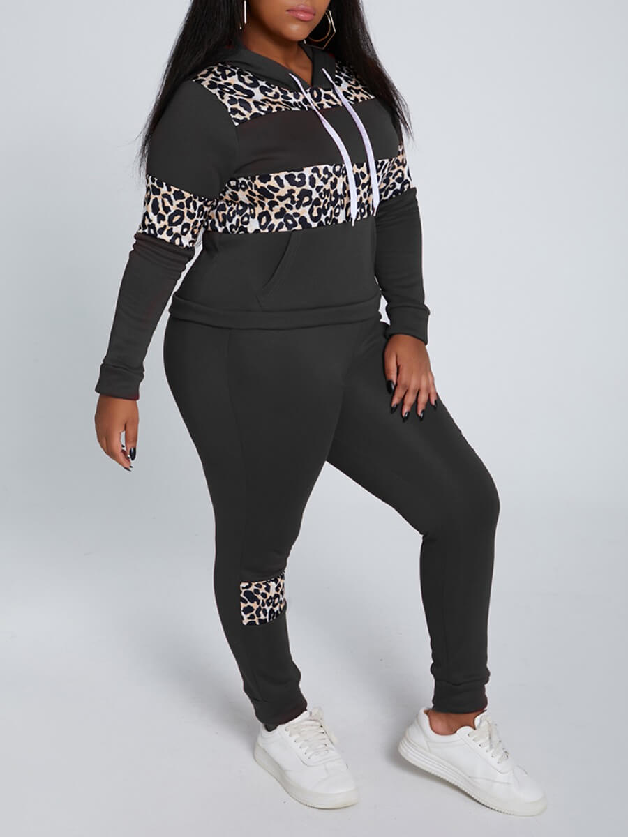 

Lovely Casual Hooded Collar Patchwork Leopard Print Plus Size Two-piece Pants Set