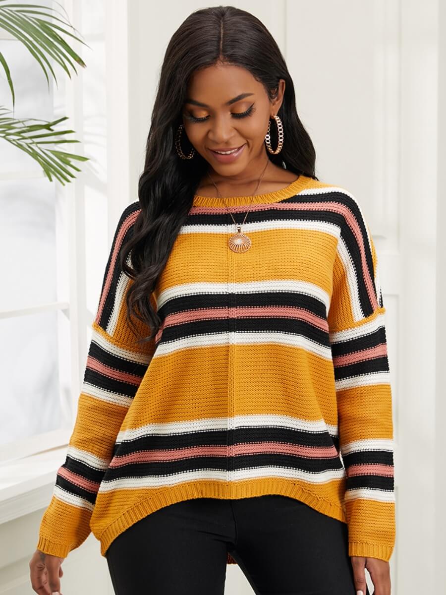 

Lovely Casual O Neck Dropped Shoulder Yellow Stripes Sweater