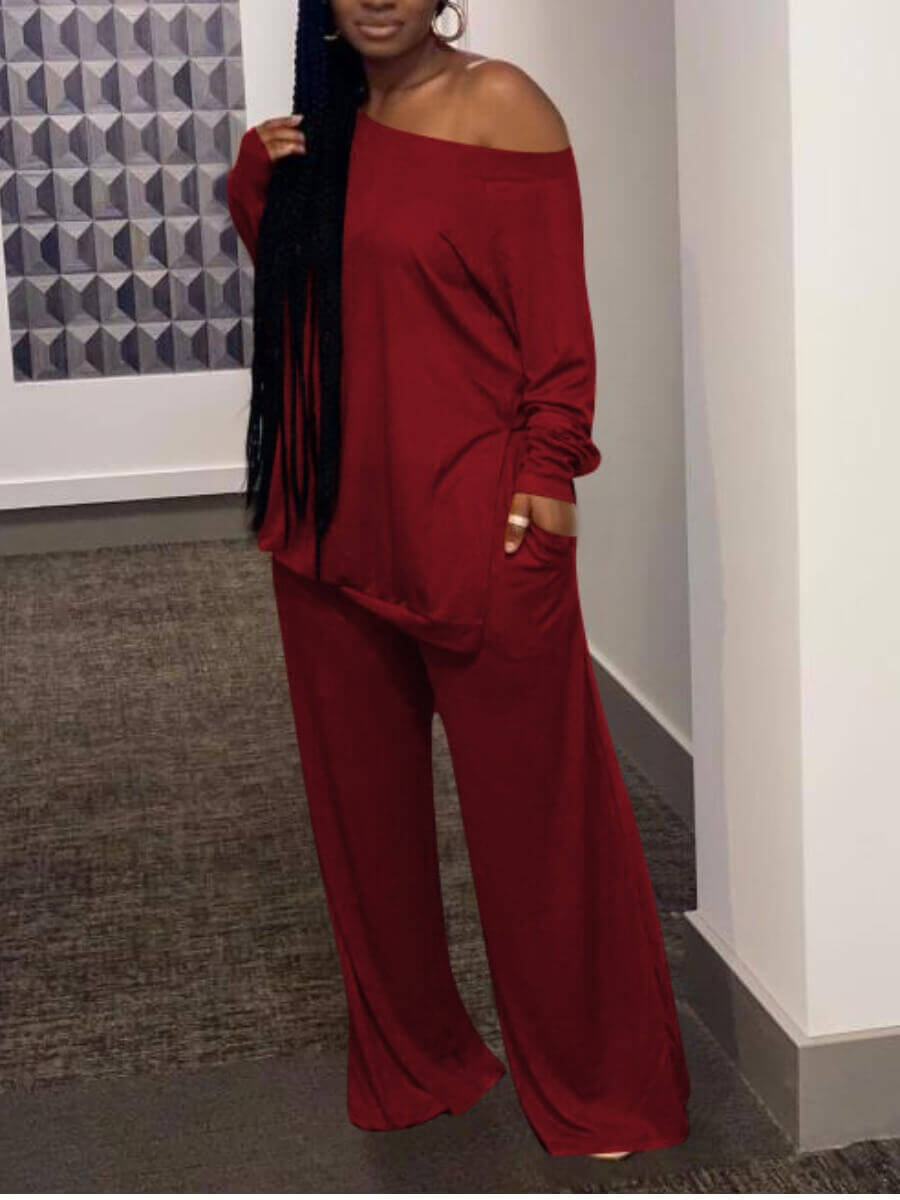 

Lovely Casual Side Slit Wine Red Plus Size Two-piece Pants Set