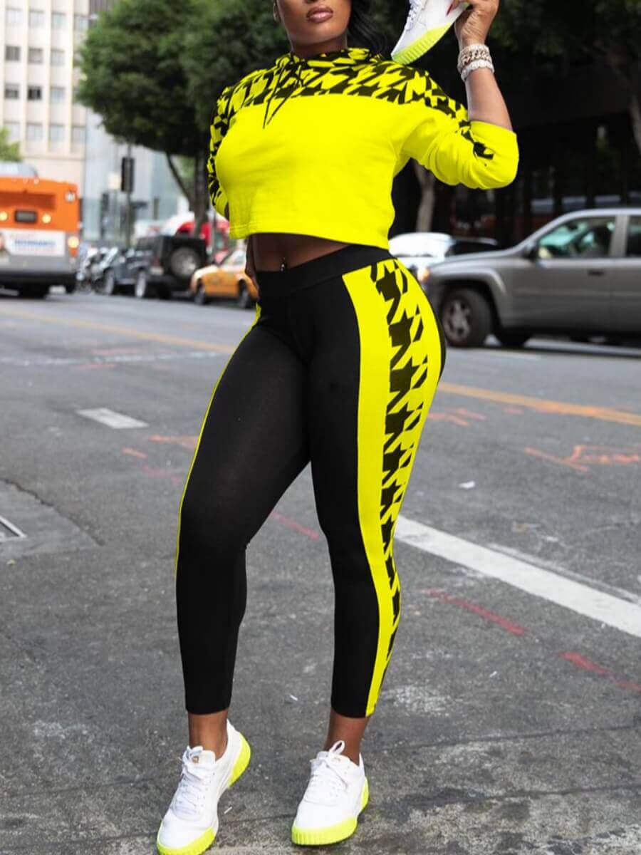 

Lovely Sportswear Hooded Collar Patchwork Yellow Two Piece Pants Set