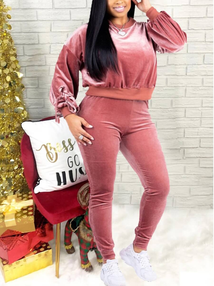 

Lovely Casual O Neck Long Sleeve Pink Plus Size Two-piece Pants Set