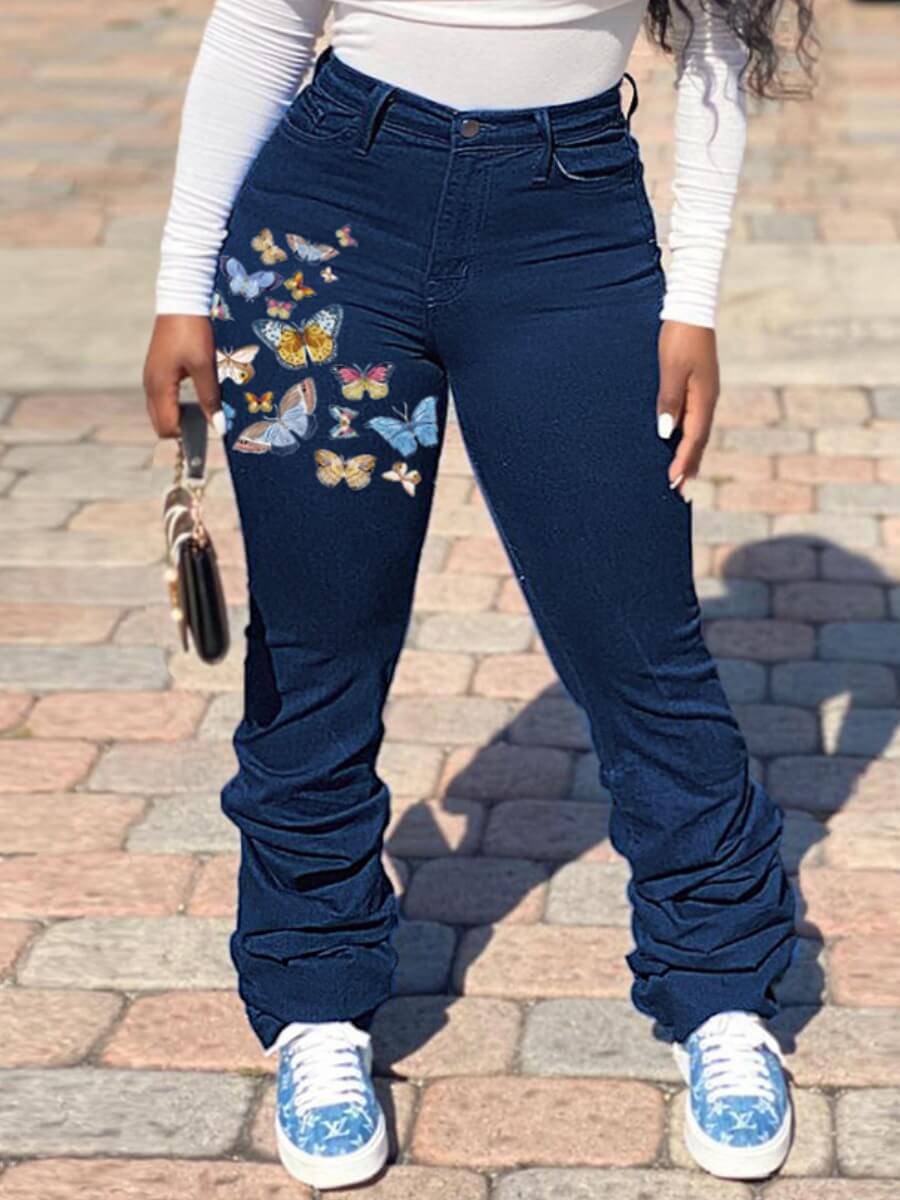 

Lovely Stylish Butterfly Print Deep Blue Plus Size Jeans