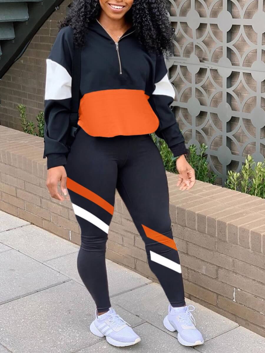 

LW BASICS Plus Size Casual Turndown Collar Patchwork Black Two-piece Pants Set