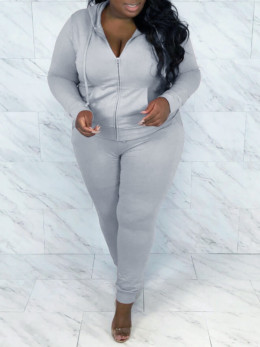 

Lovely Sportswear Hooded Collar Kangaroo Pocket Grey Plus Size Two-piece Pants Set
