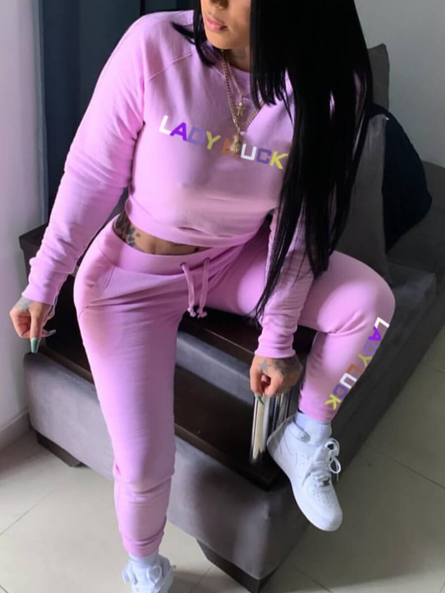 

Lovely Casual O Neck Letter Print Purple Two Piece Pants Set