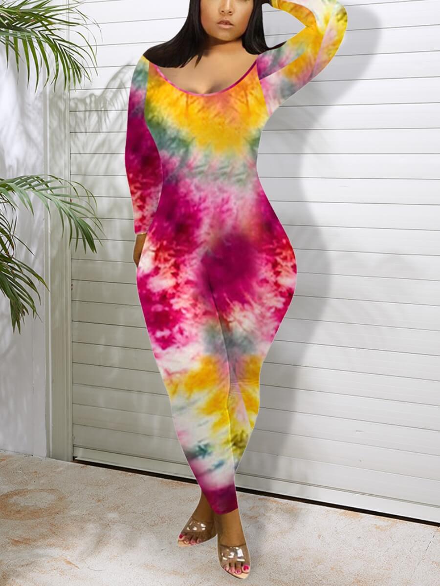 

Lovely Casual U Neck Tie-dye Rose Red One-piece Jumpsuit