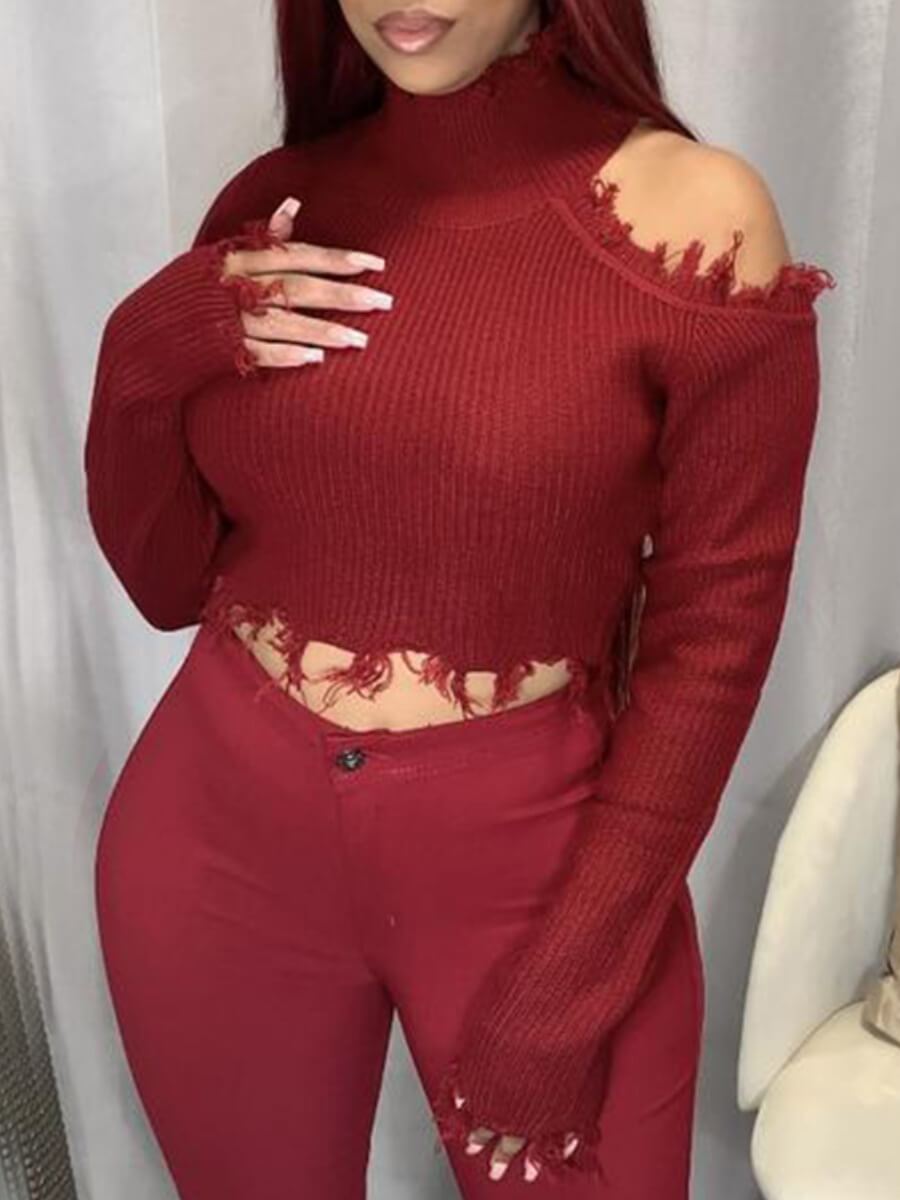 

Lovely Stylish Turtleneck Hollow-out Wine Red Sweater