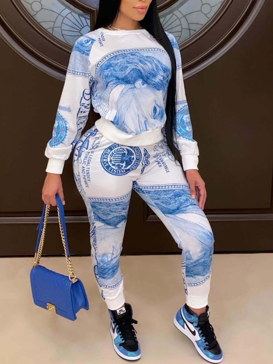 

Lovely Casual O Neck Geometric Print Blue Two Piece Pants Set