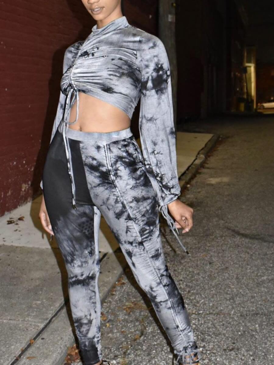 

Lovely Casual Half A Turtleneck Drawstring Grey Two Piece Pants Set