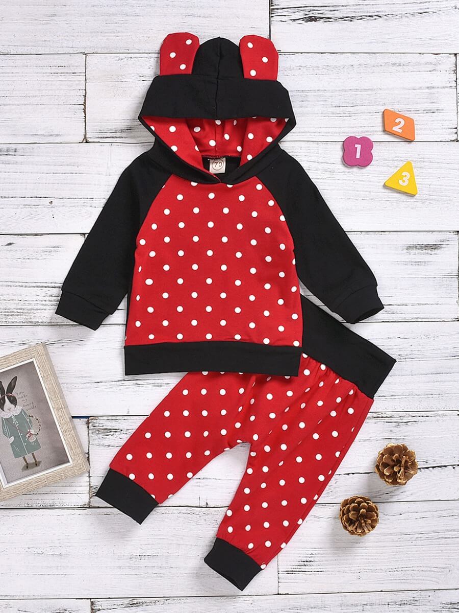

Lovely Sweet Hooded Collar Dot Print Patchwork Red Girl Two-piece Pants Set