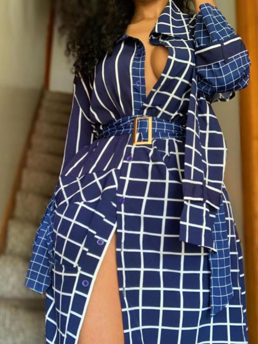 

Lovely Stylish Turndown Collar Grid Print Blue Trench Coat