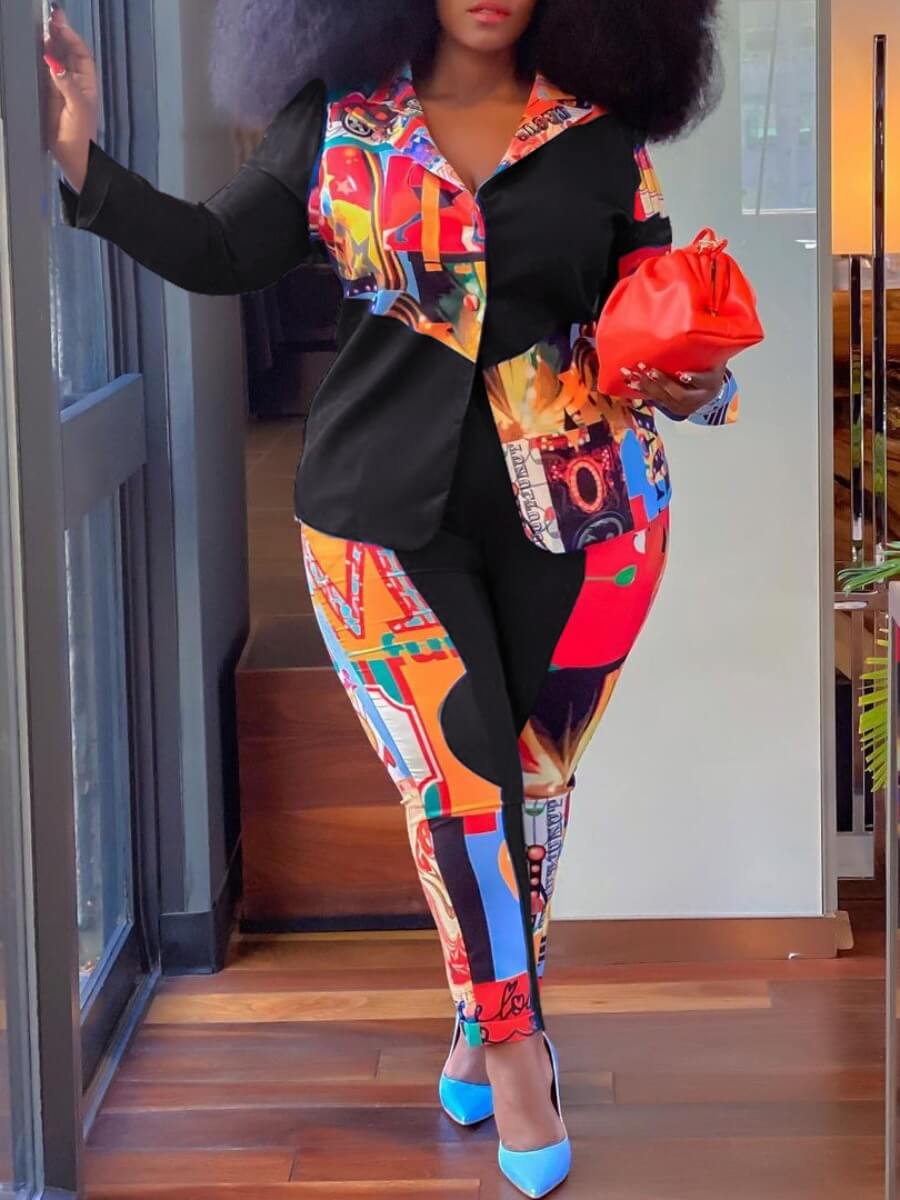 

Lovely Trendy Turndown Collar Print Black Plus Size Two-piece Pants Set