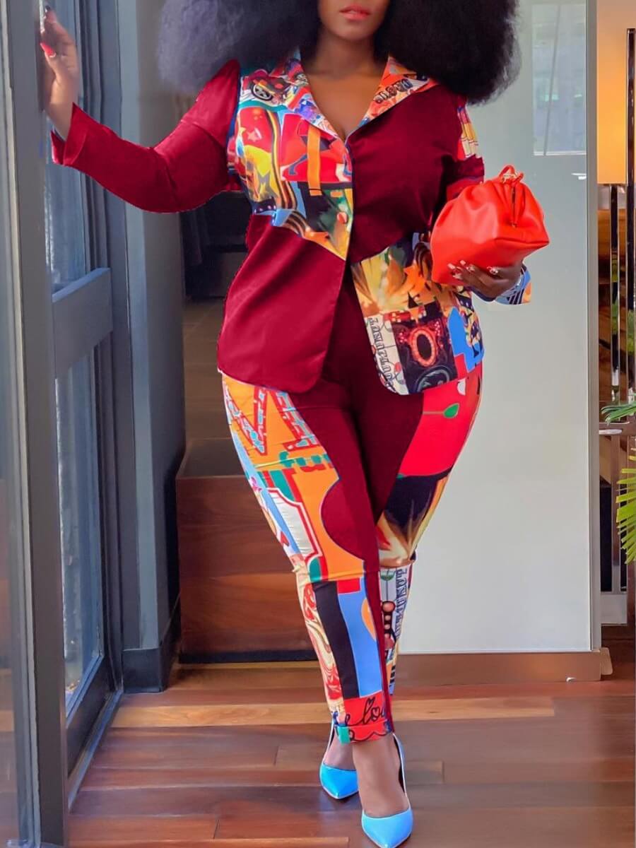 

Lovely Trendy Turndown Collar Print Wine Red Plus Size Two-piece Pants Set