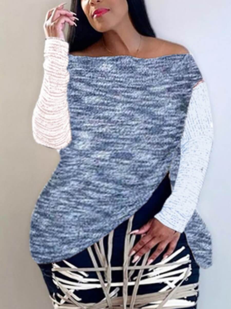 

Lovely Casual Bateau Neck Patchwork Blue Plus Size T-shirt