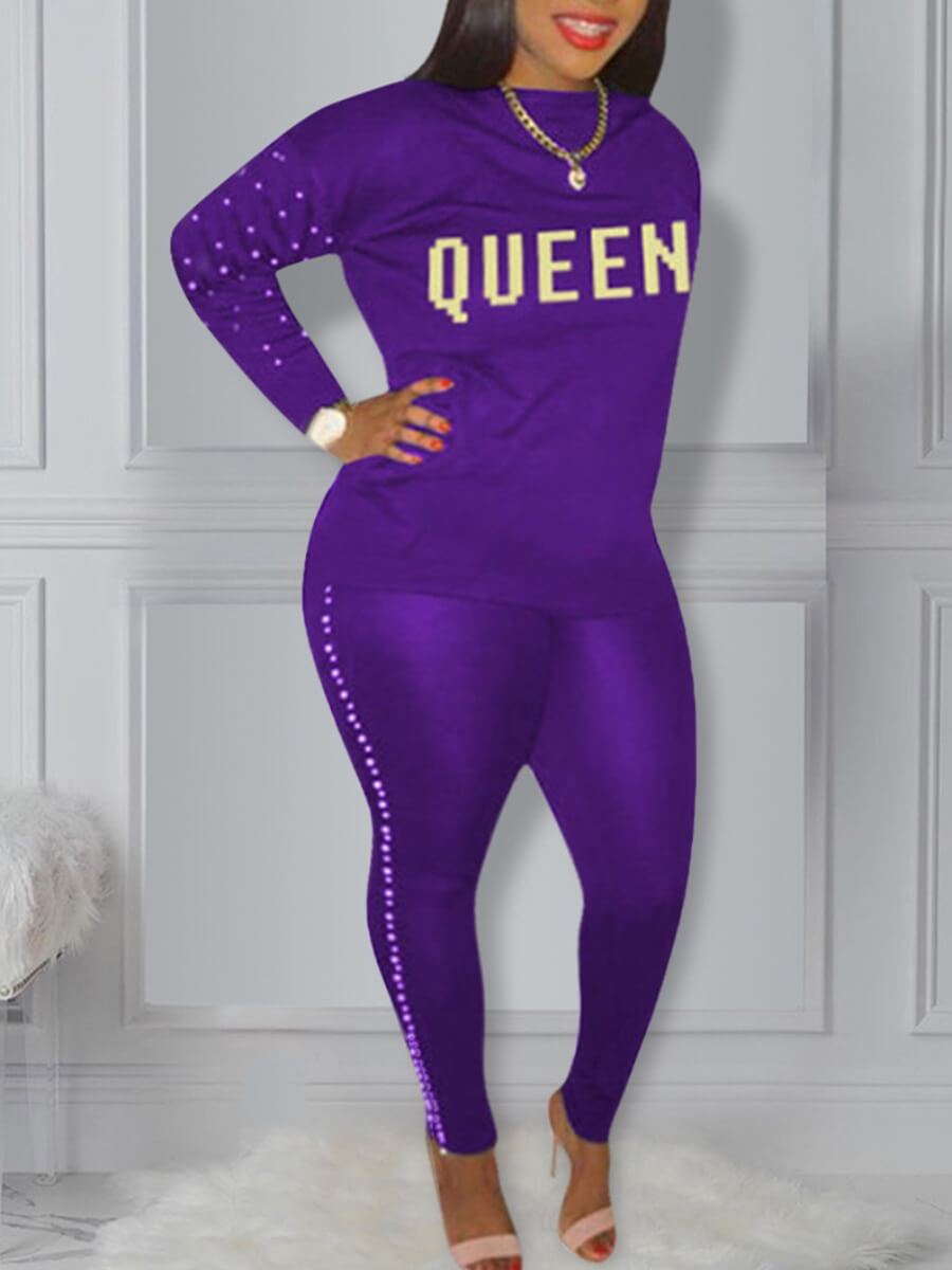 

Lovely Sportswear O Neck Letter Print Purple Plus Size Two-piece Pants Set