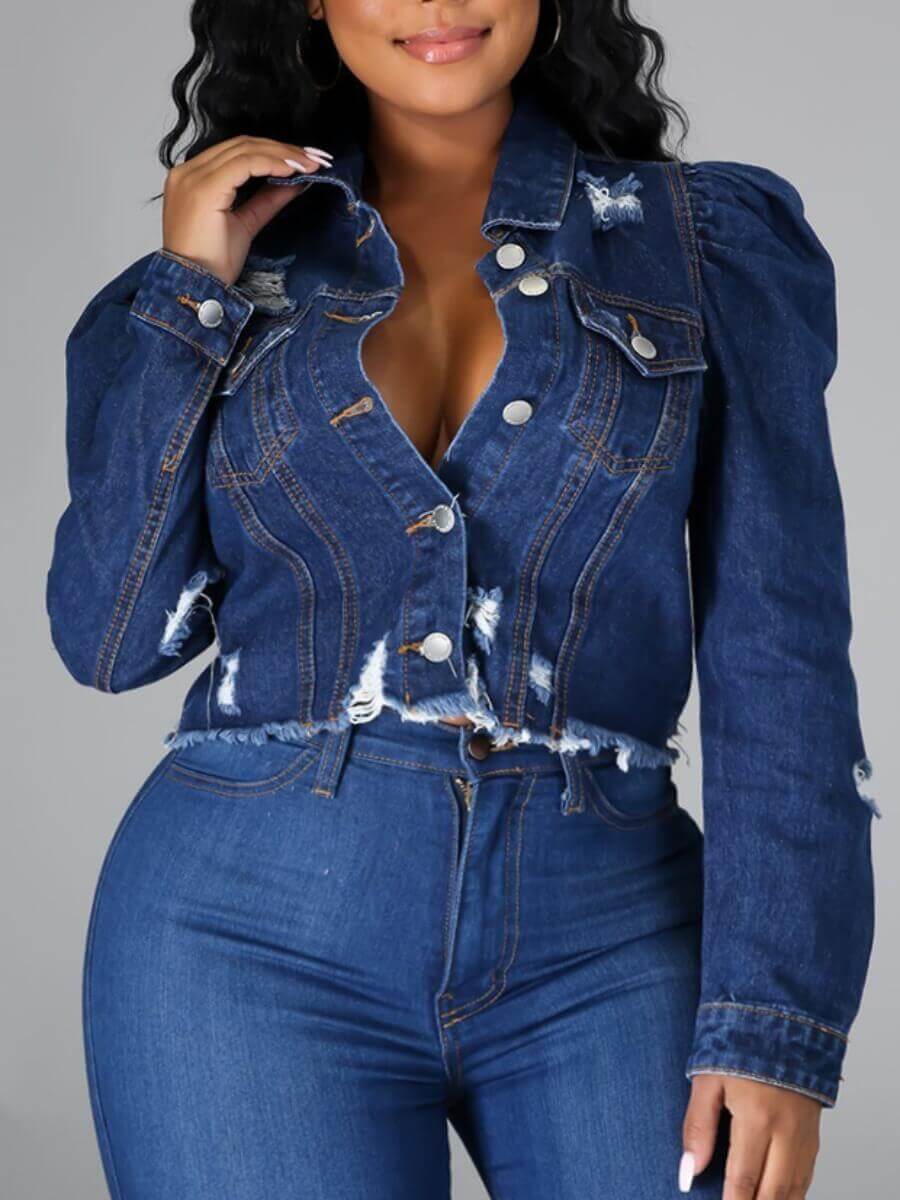 

Lovely Street Turndown Collar Broken Holes Deep Blue Denim Jacket