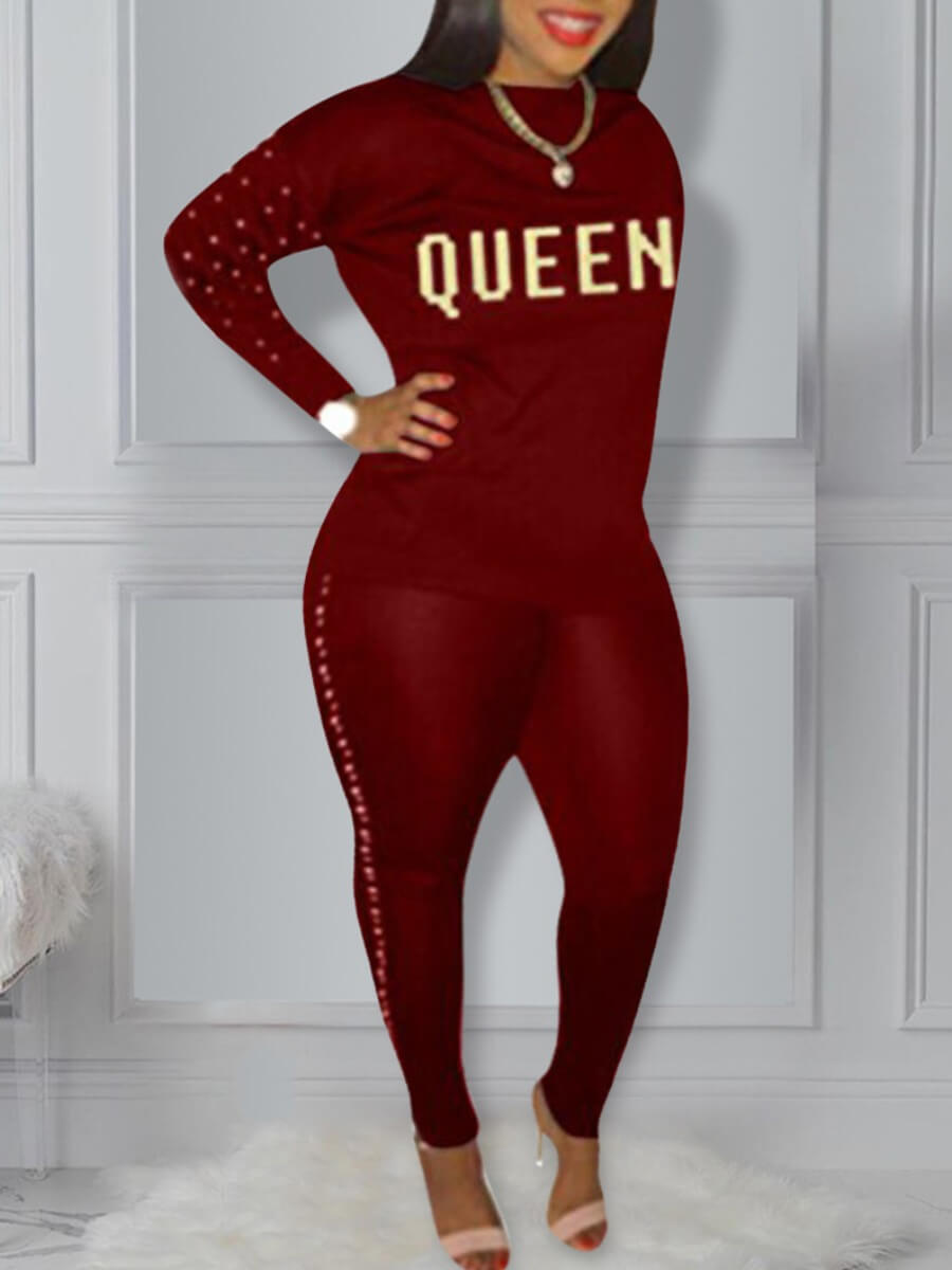 

Lovely Sportswear O Neck Letter Print Red Plus Size Two-piece Pants Set