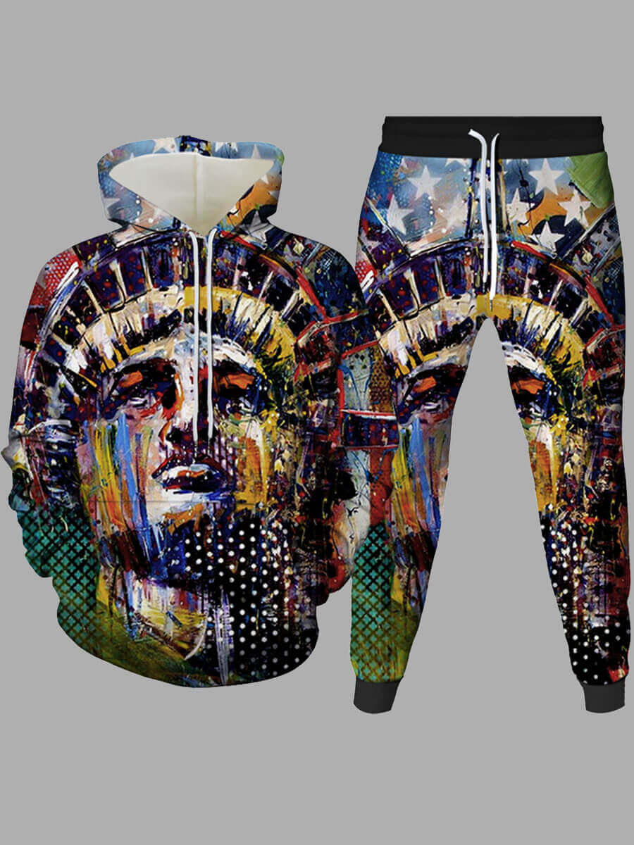 

Lovely Street Hooded Collar Print Multicolor Men Two-piece Pants Set, Multi