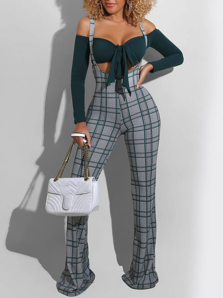 

Lovely Stylish Dew Shoulder Grid Print Green Two-piece Jumpsuit
