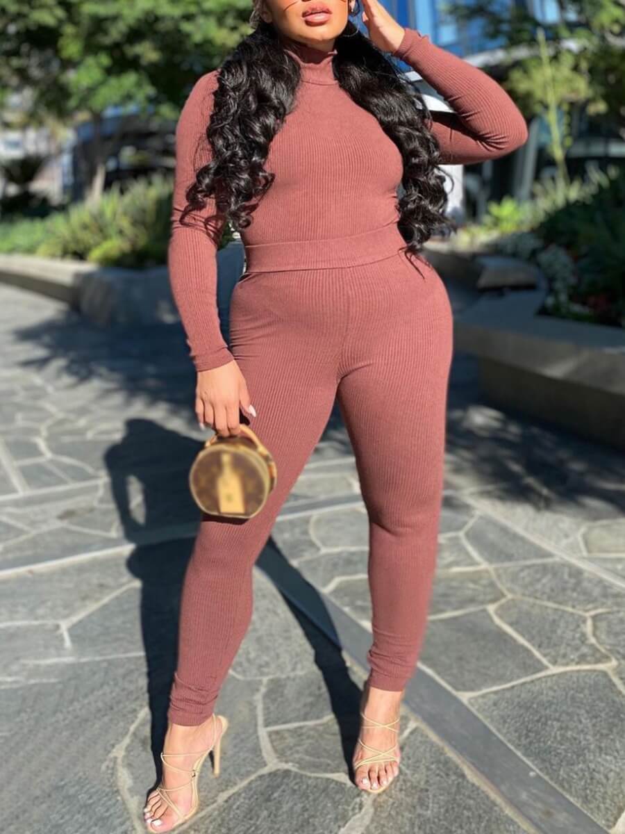 

Lovely Casual Turtleneck Long Sleeve Dusty Pink Two Piece Pants Set