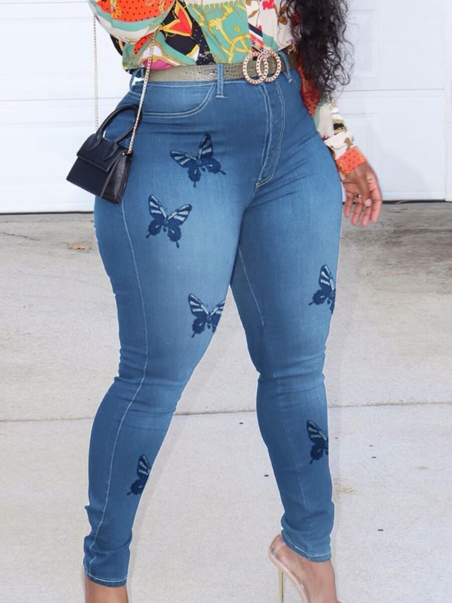 

Lovely Casual Butterfly Print Blue Jeans