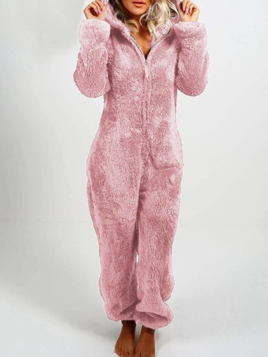 

Lovely Hooded Collar Zipper Design Pink Sleepwear
