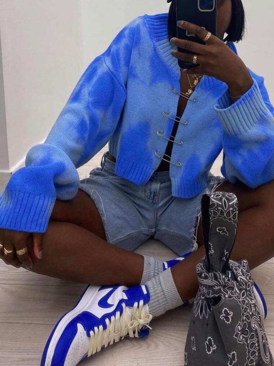 

Lovely Street O Neck Tie-dye Loose Blue Sweater