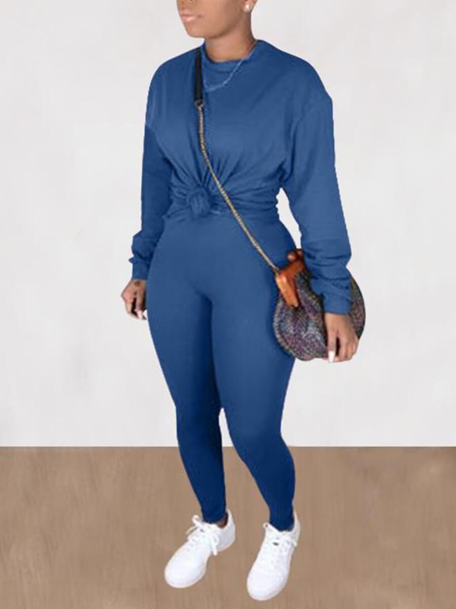 

Lovely Casual O Neck Basic Blue Plus Size Two-piece Pants Set(Without Bag