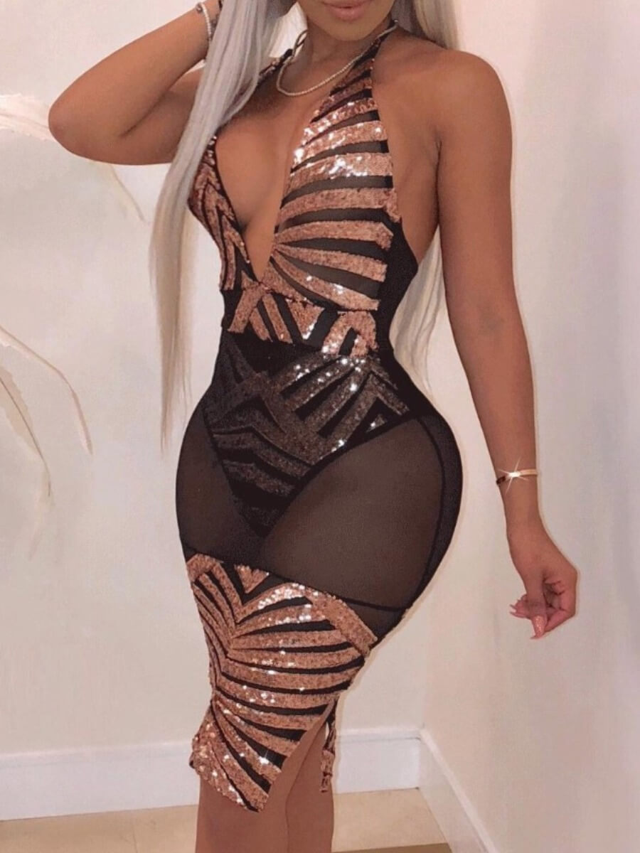

Lovely Sexy Backless Patchwork Black Knee Length Dress