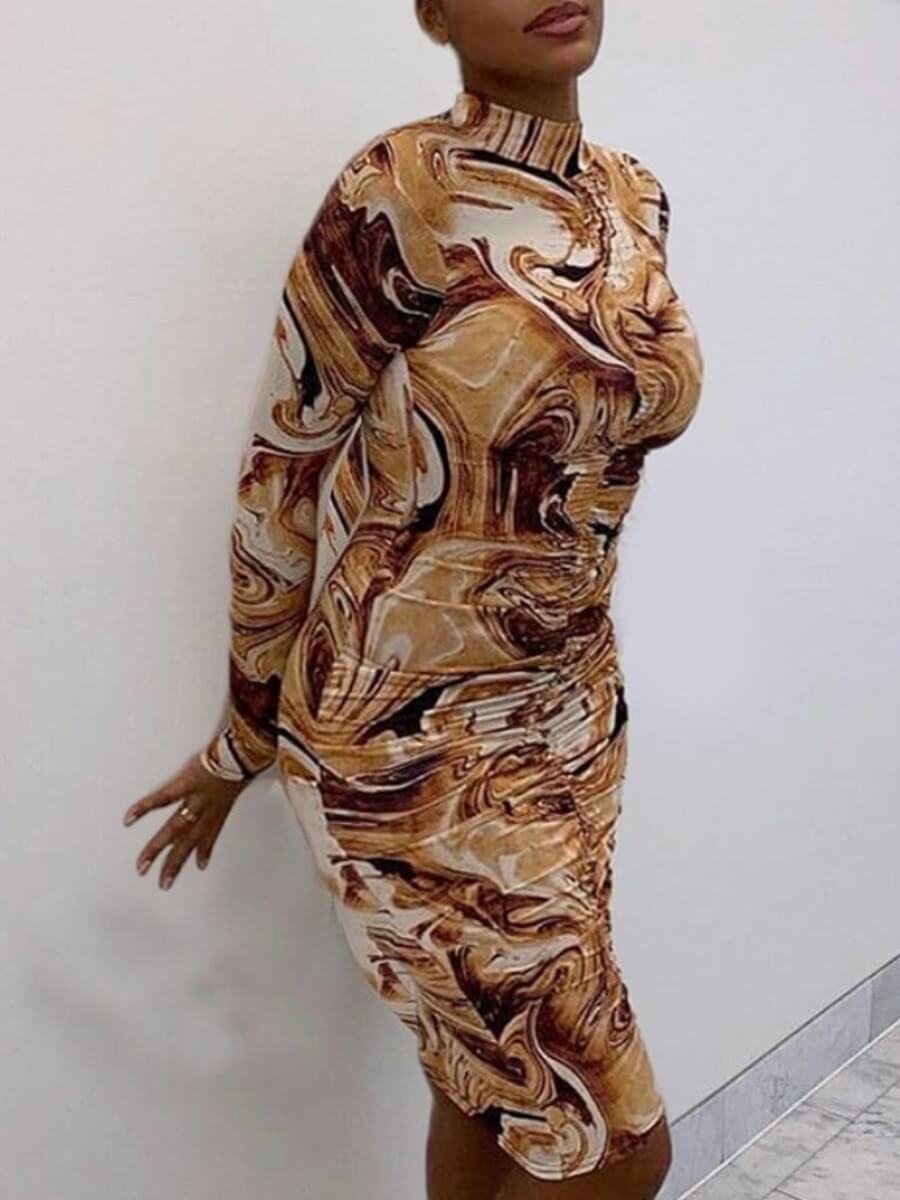 

Lovely Casual Half A Turtleneck Print Yellow Knee Length Dress