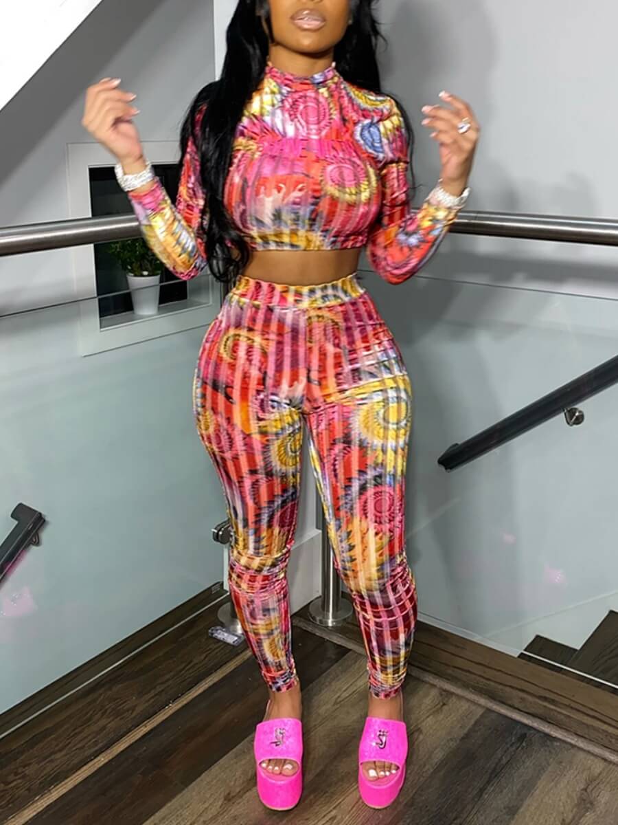 

Lovely Street O Neck Graffiti Element Print Red Two Piece Pants Set