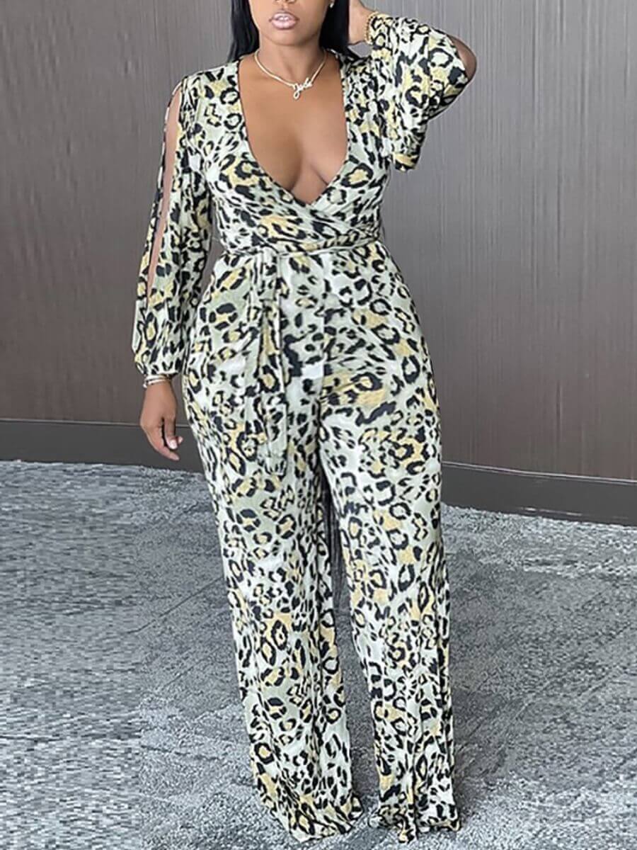 

Lovely Casual Cold Shoulder Leopard Print Plus Size One-piece Jumpsuit
