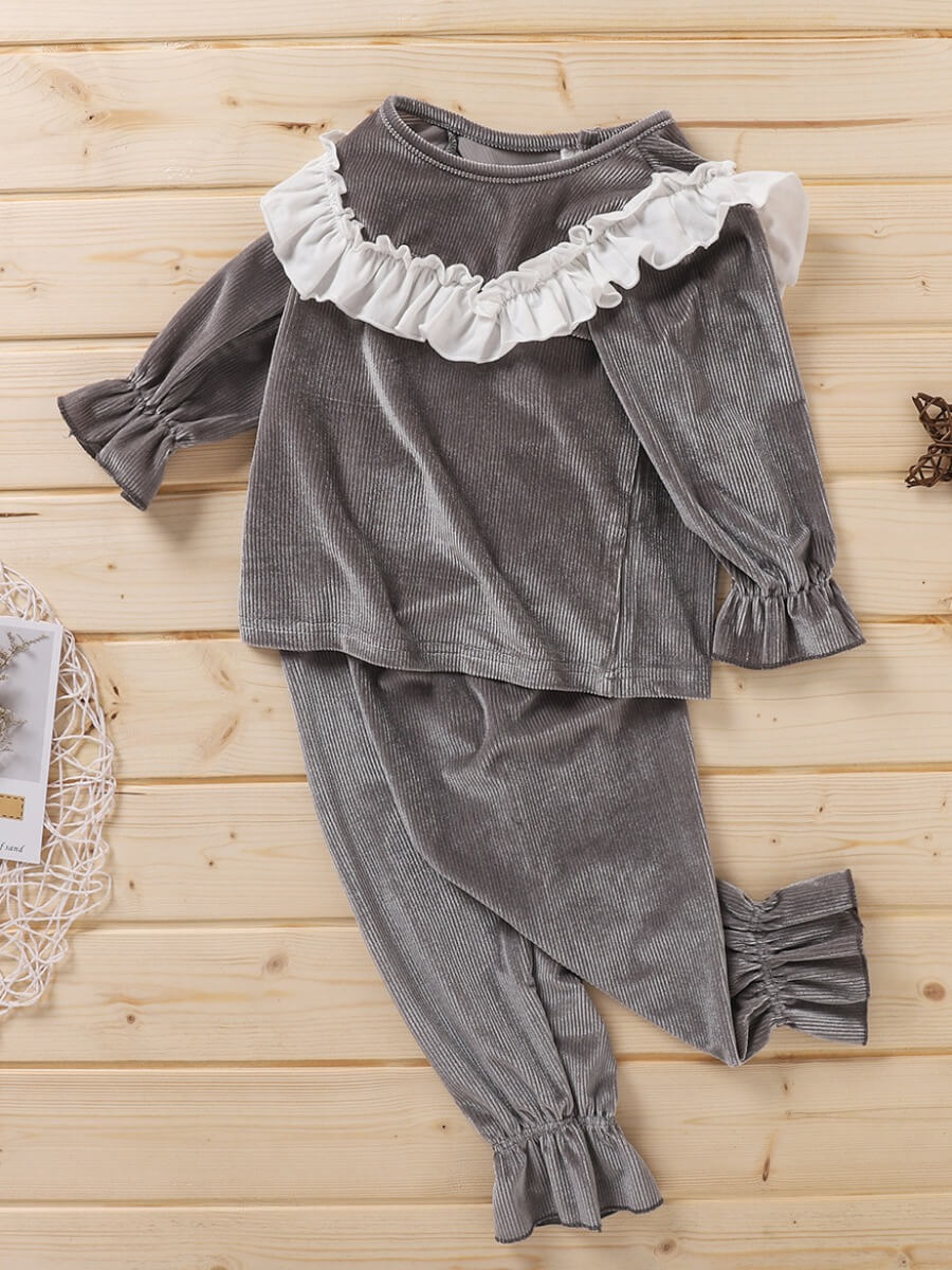 

Lovely Sweet O Neck Flounce Design Patchwork Grey Girl Two-piece Pants Set