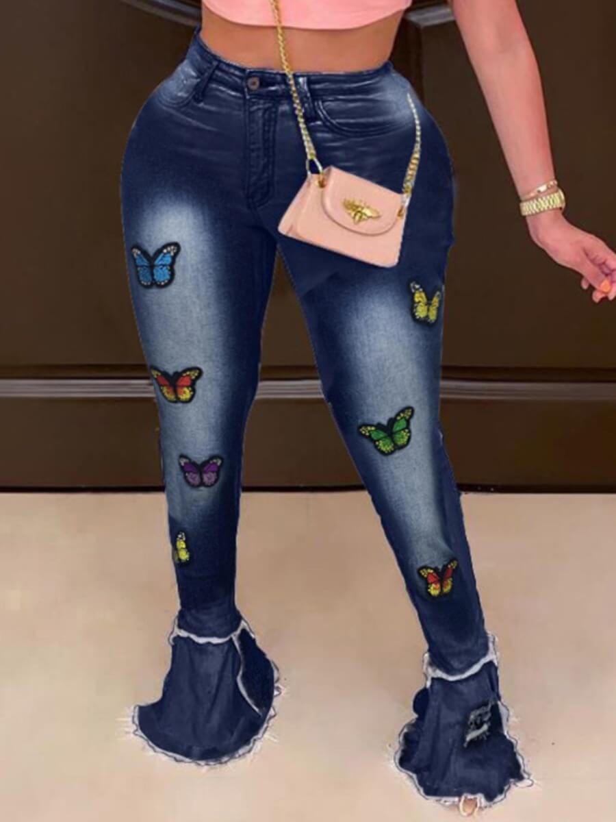 

Lovely Casual Butterfly Deep Blue Plus Size Jeans