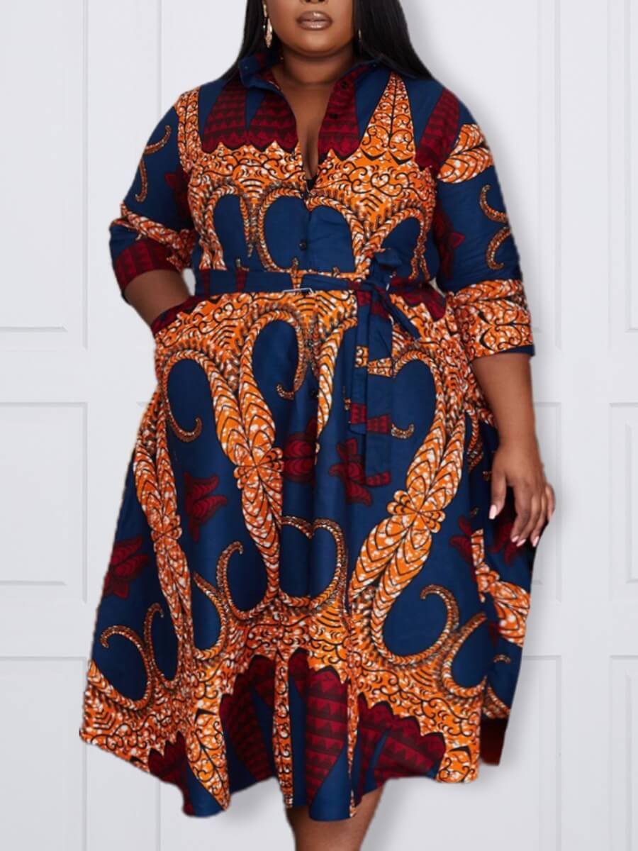 

Lovely Stylish Turndown Collar Print Multicolor Mid Calf Plus Size Dress, Multi