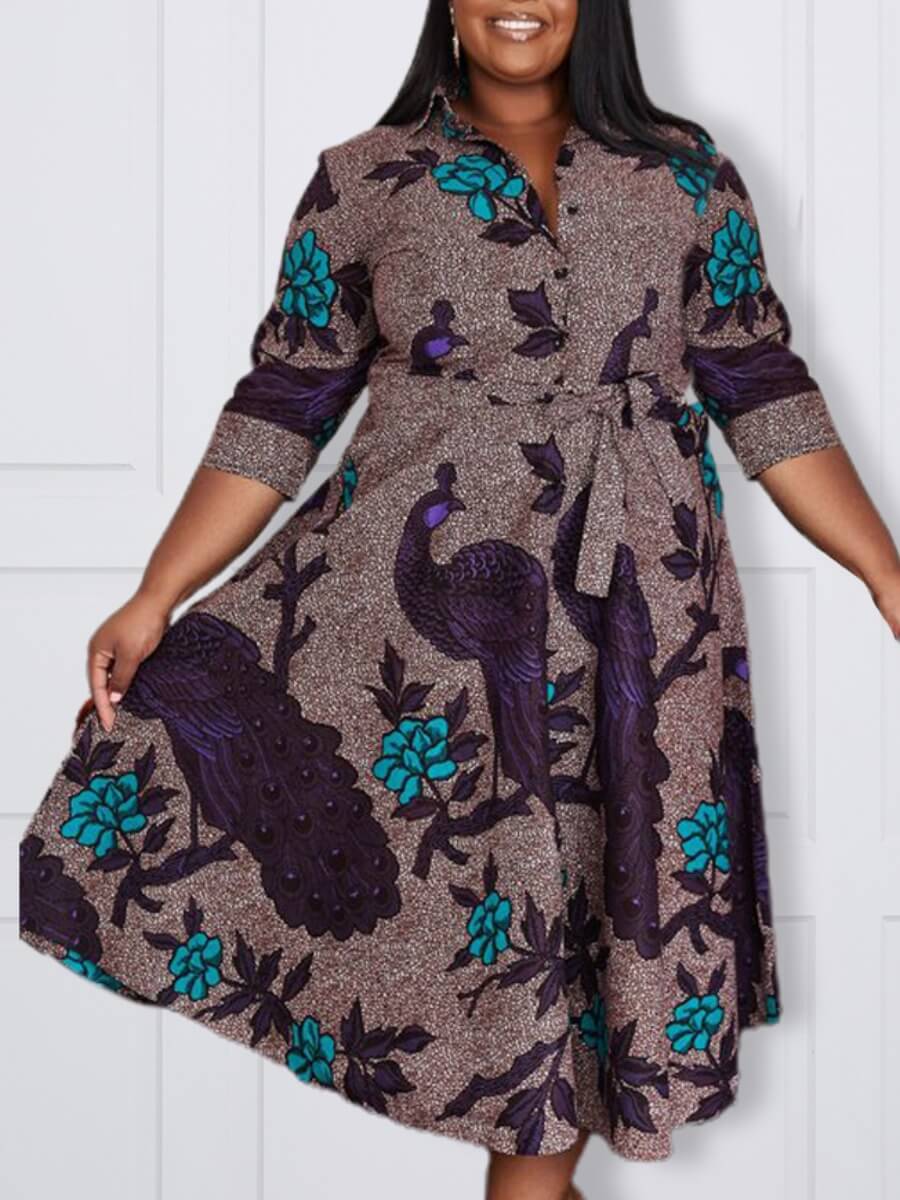 

Lovely Stylish Turndown Collar Print Brown Mid Calf Plus Size Dress
